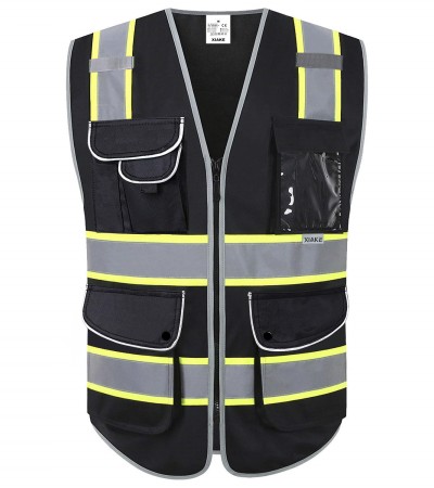 XIAKE 9 Pockets High Visibility Safety Vest Black with 2 Inch Dual Tone Reflective Strips - Yellow Trim - Black - Yellow Trim/Small