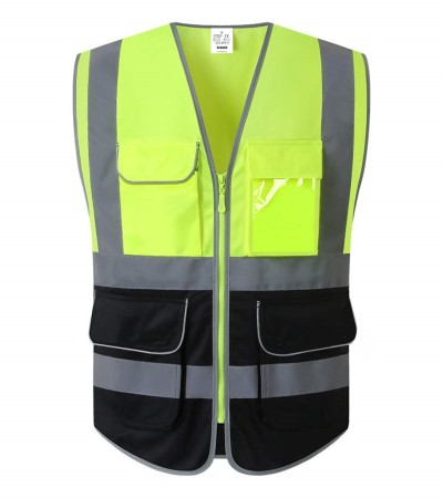 XIAKE 7 Pockets High Visibility Reflective Safety Vest for Men Women, Zipper Front, Yellow, Black Bottom - Yellow - Black Bottom/Small