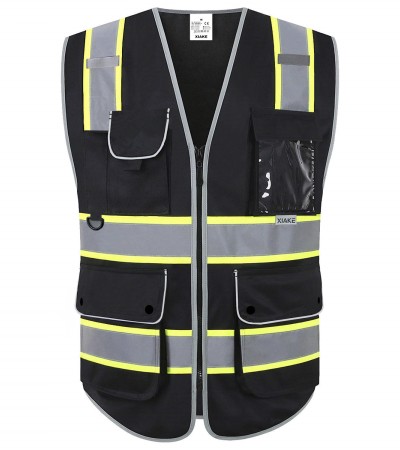 XIAKE 8 Pockets Class 2 Hi Vis Reflective Safety Vest Black with 2 Inch Dual Tone Reflective Strips - Yellow Trim - Small