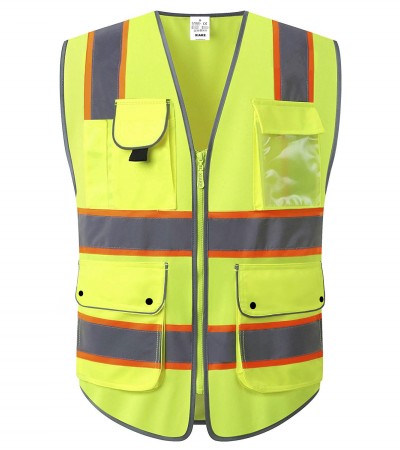 XIAKE 8 Pockets Class 2 Hi Vis Reflective Safety Vest with 2 Inch Dual Tone Reflective Strips - Yellow Orange Trim - Small